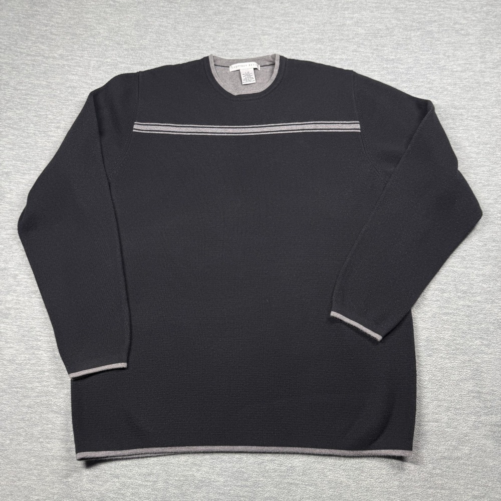 Geoffrey Beene Sweater Mens Large Black Gray Striped Crewneck Acrylic Cotton Kni